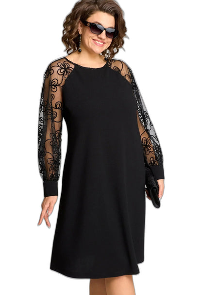 Elegant Black Lace Midi Dress for Women with Crew Neck Long Sleeve A Line Cocktail Style