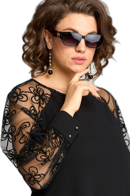 Elegant Black Lace Midi Dress for Women with Crew Neck Long Sleeve A Line Cocktail Style