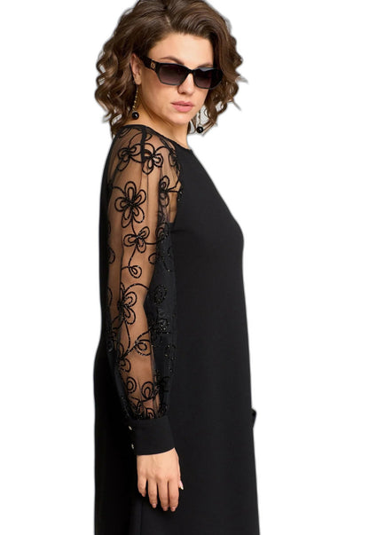 Elegant Black Lace Midi Dress for Women with Crew Neck Long Sleeve A Line Cocktail Style