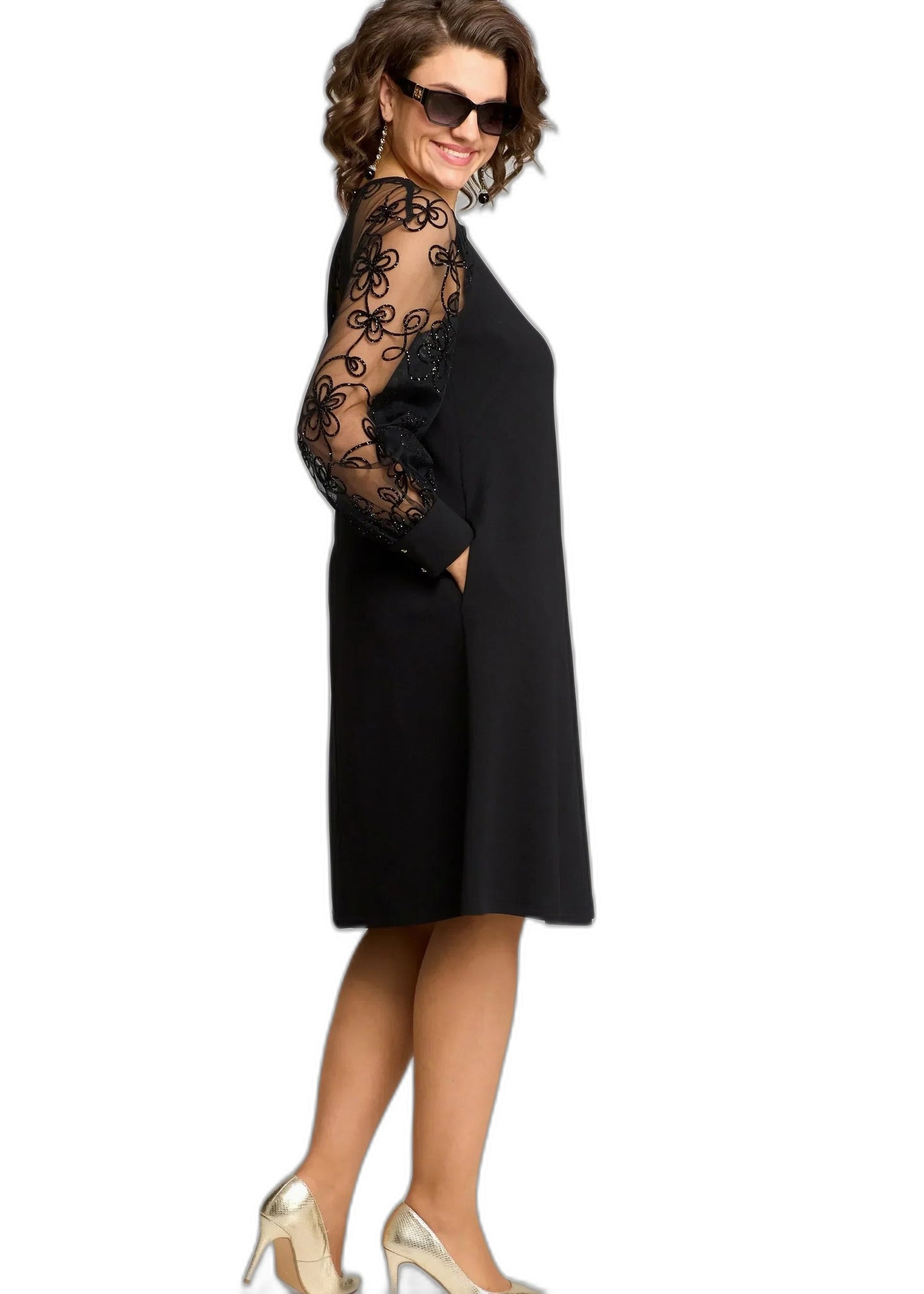 Elegant Black Lace Midi Dress for Women with Crew Neck Long Sleeve A Line Cocktail Style