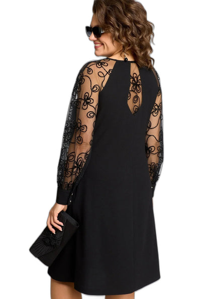 Elegant Black Lace Midi Dress for Women with Crew Neck Long Sleeve A Line Cocktail Style
