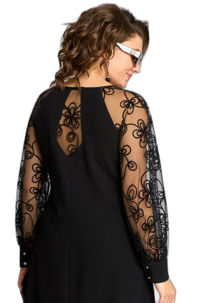 Elegant Black Lace Midi Dress for Women with Crew Neck Long Sleeve A Line Cocktail Style