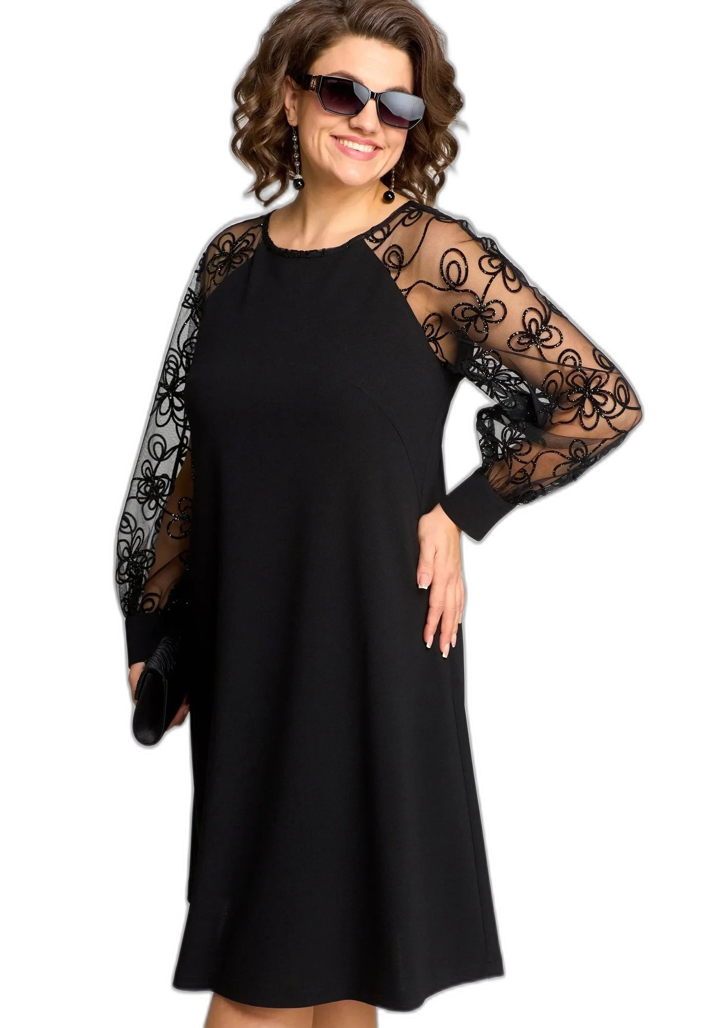 Elegant Black Lace Midi Dress for Women with Crew Neck Long Sleeve A Line Cocktail Style