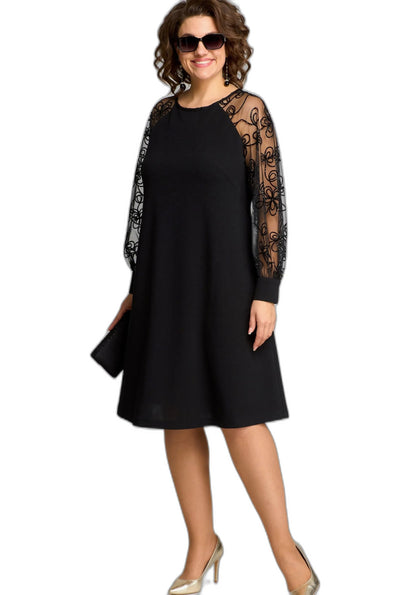 Elegant Black Lace Midi Dress for Women with Crew Neck Long Sleeve A Line Cocktail Style