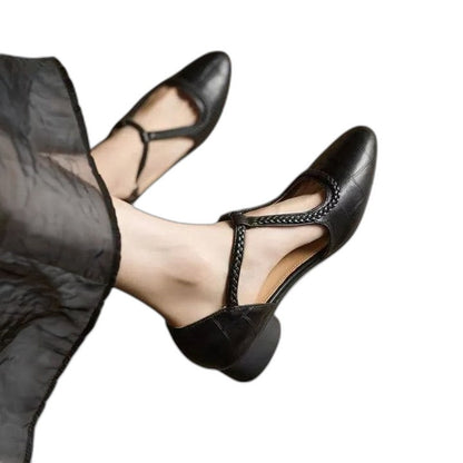 Elegant Black Leather Heels for Women with Block Heel Ankle Strap Closed Toe Cocktail Style