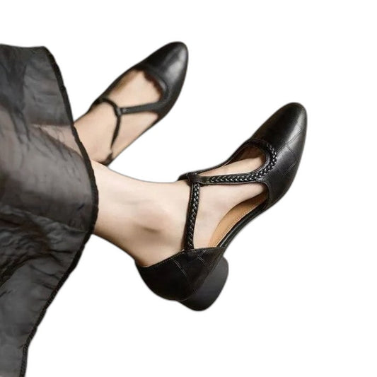 Elegant Black Leather Heels for Women with Block Heel Ankle Strap Closed Toe Cocktail Style