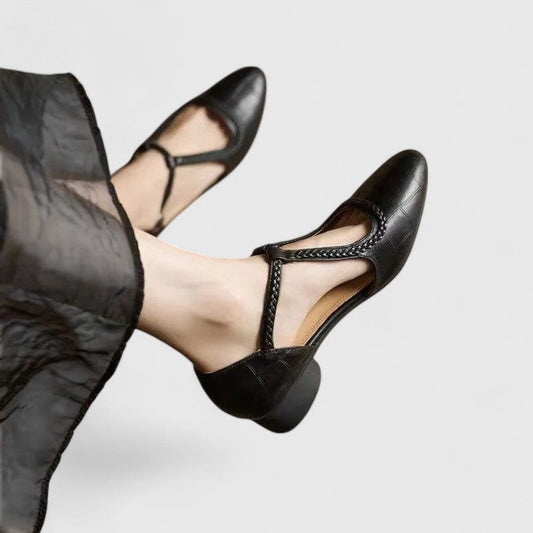 Elegant Black Leather Heels for Women with Block Heel Ankle Strap Closed Toe Cocktail Style