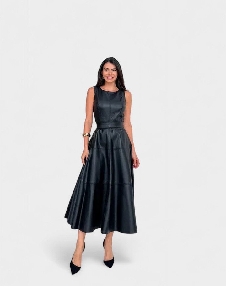 Elegant Black Leather Midi Dress for Women with Crew Neck Sleeveless Belted Fit And Flare Cocktail Style