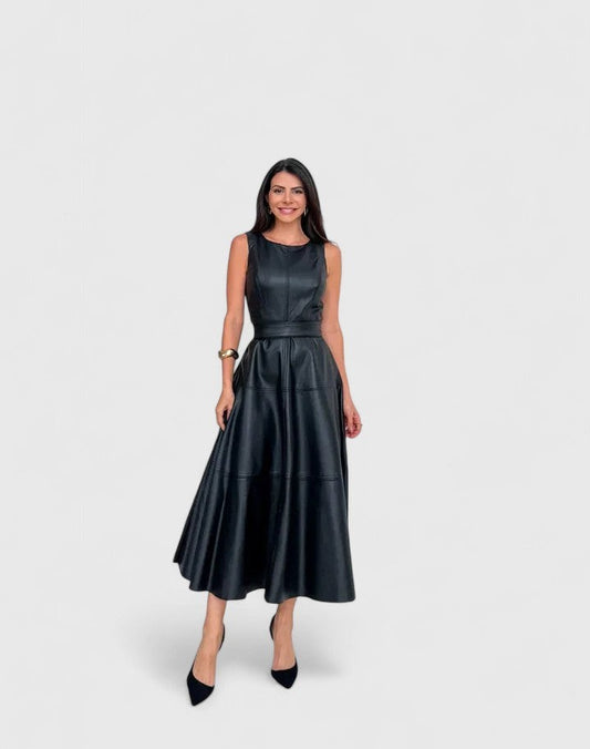 Elegant Black Leather Midi Dress for Women with Crew Neck Sleeveless Belted Fit And Flare Cocktail Style