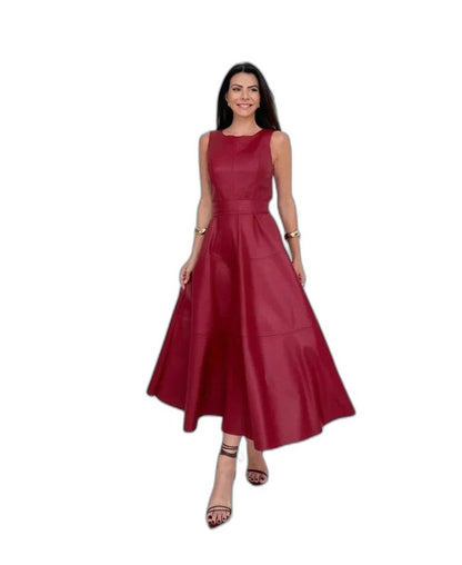 Elegant Black Leather Midi Dress for Women with Crew Neck Sleeveless Belted Fit And Flare Cocktail Style