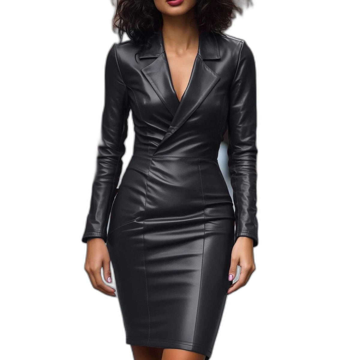 Elegant Black Leather Mini Dress for Women with V Neck Long Sleeve Bodycon Ruched Party Style