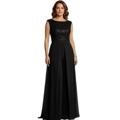 Elegant Black Maxi Dress for Women with Boat Neck Sleeveless Flowing Empire Waist Formal Style