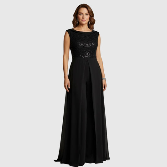 Elegant Black Maxi Dress for Women with Boat Neck Sleeveless Flowing Empire Waist Formal Style