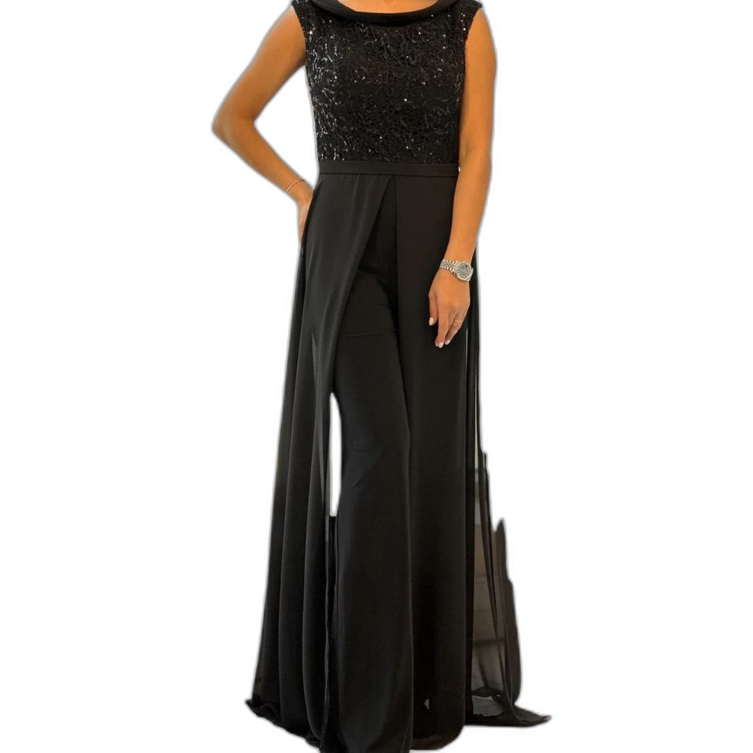 Elegant Black Maxi Dress for Women with Boat Neck Sleeveless Flowing Empire Waist Formal Style