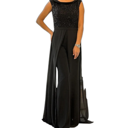 Elegant Black Maxi Dress for Women with Boat Neck Sleeveless Flowing Empire Waist Formal Style