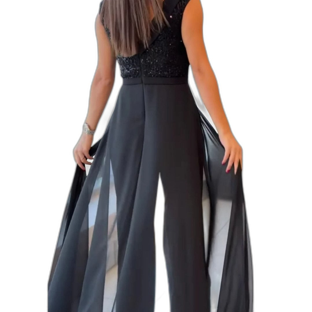 Elegant Black Maxi Dress for Women with Boat Neck Sleeveless Flowing Empire Waist Formal Style