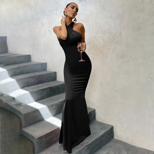Elegant Black Maxi Dress for Women with Halter Sleeveless Bodycon Open Back Formal Style