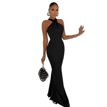 Elegant Black Maxi Dress for Women with Halter Sleeveless Bodycon Open Back Formal Style