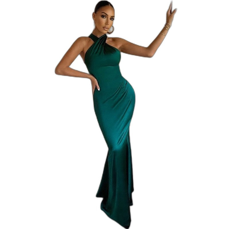 Elegant Black Maxi Dress for Women with Halter Sleeveless Bodycon Open Back Formal Style