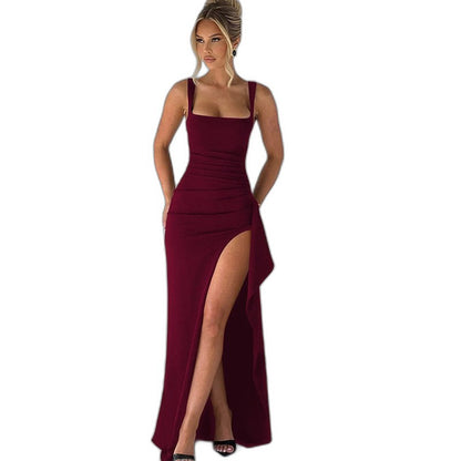 Elegant Black Maxi Dress for Women with Square Neck Spaghetti Strap Bodycon Ruched Open Back Formal Style