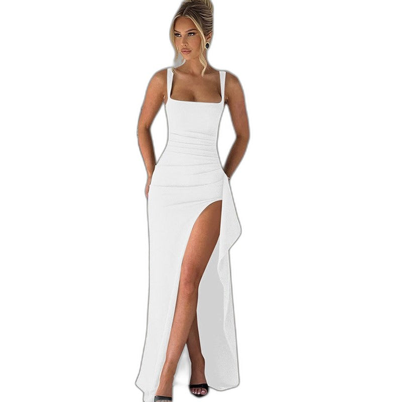 Elegant Black Maxi Dress for Women with Square Neck Spaghetti Strap Bodycon Ruched Open Back Formal Style