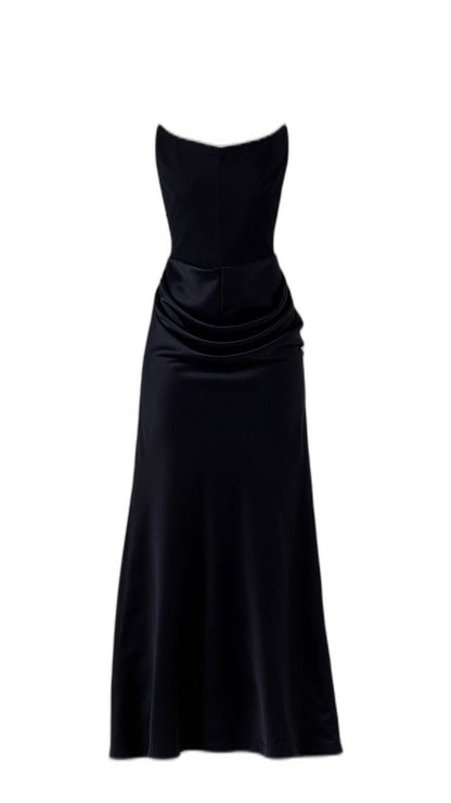 Elegant Black Maxi Dress for Women with Strapless Bodycon Ruched Party Style