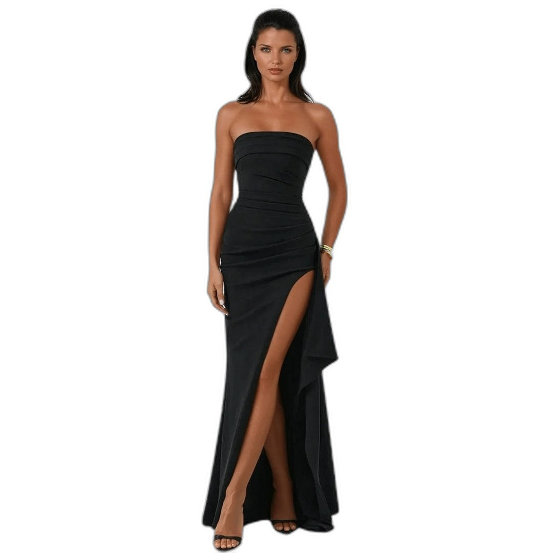Elegant Black Maxi Dress for Women with Strapless Bodycon Ruffle Formal Style