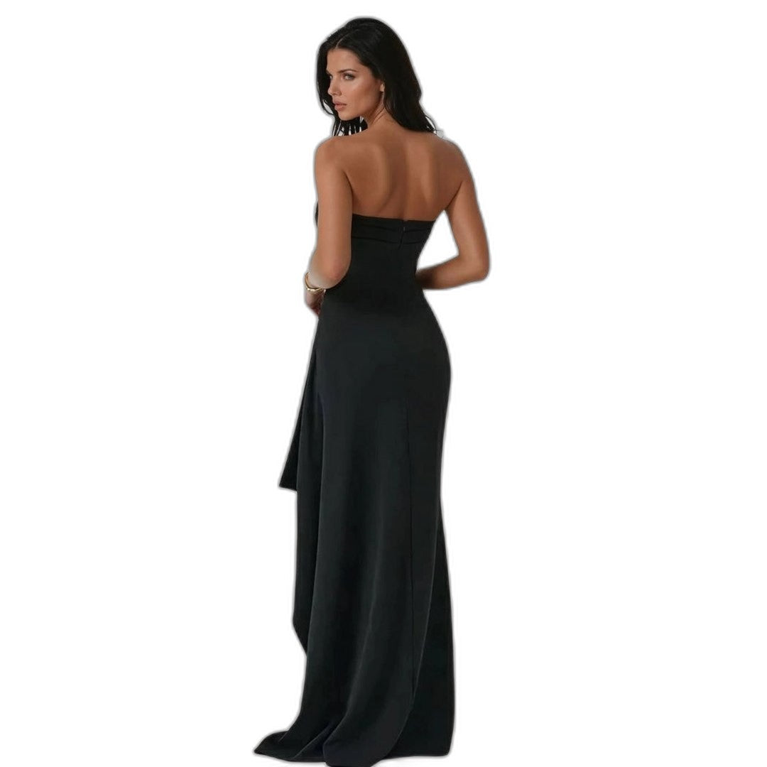 Elegant Black Maxi Dress for Women with Strapless Bodycon Ruffle Formal Style