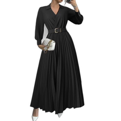 Elegant Black Maxi Dress for Women with V Neck Long Sleeve Pleated Belted Fit And Flare Formal Style