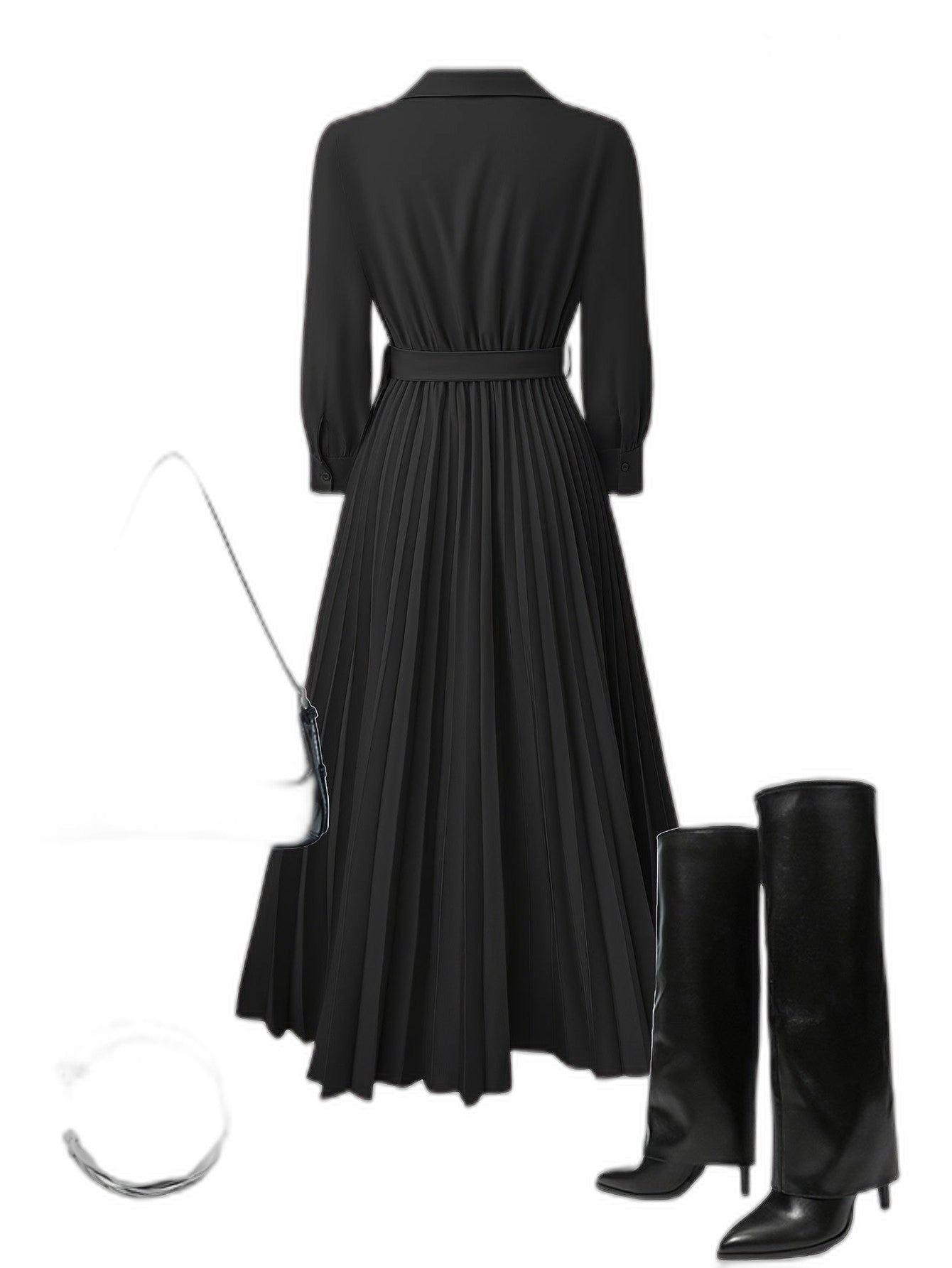 Elegant Black Maxi Dress for Women with V Neck Long Sleeve Pleated Belted Fit And Flare Formal Style