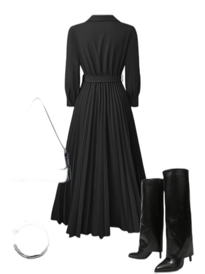 Elegant Black Maxi Dress for Women with V Neck Long Sleeve Pleated Belted Fit And Flare Formal Style