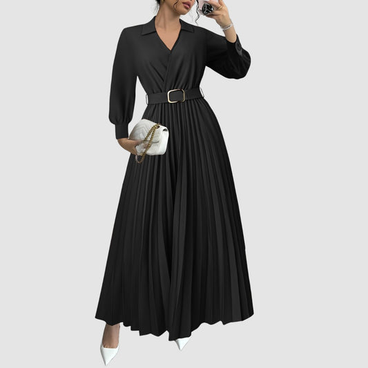 Elegant Black Maxi Dress for Women with V Neck Long Sleeve Pleated Belted Fit And Flare Formal Style