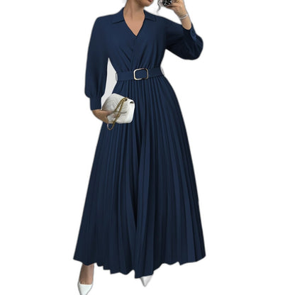 Elegant Black Maxi Dress for Women with V Neck Long Sleeve Pleated Belted Fit And Flare Formal Style
