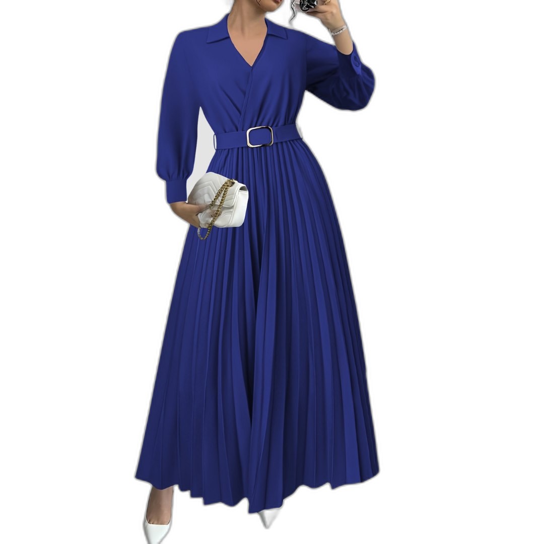 Elegant Black Maxi Dress for Women with V Neck Long Sleeve Pleated Belted Fit And Flare Formal Style