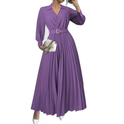 Elegant Black Maxi Dress for Women with V Neck Long Sleeve Pleated Belted Fit And Flare Formal Style