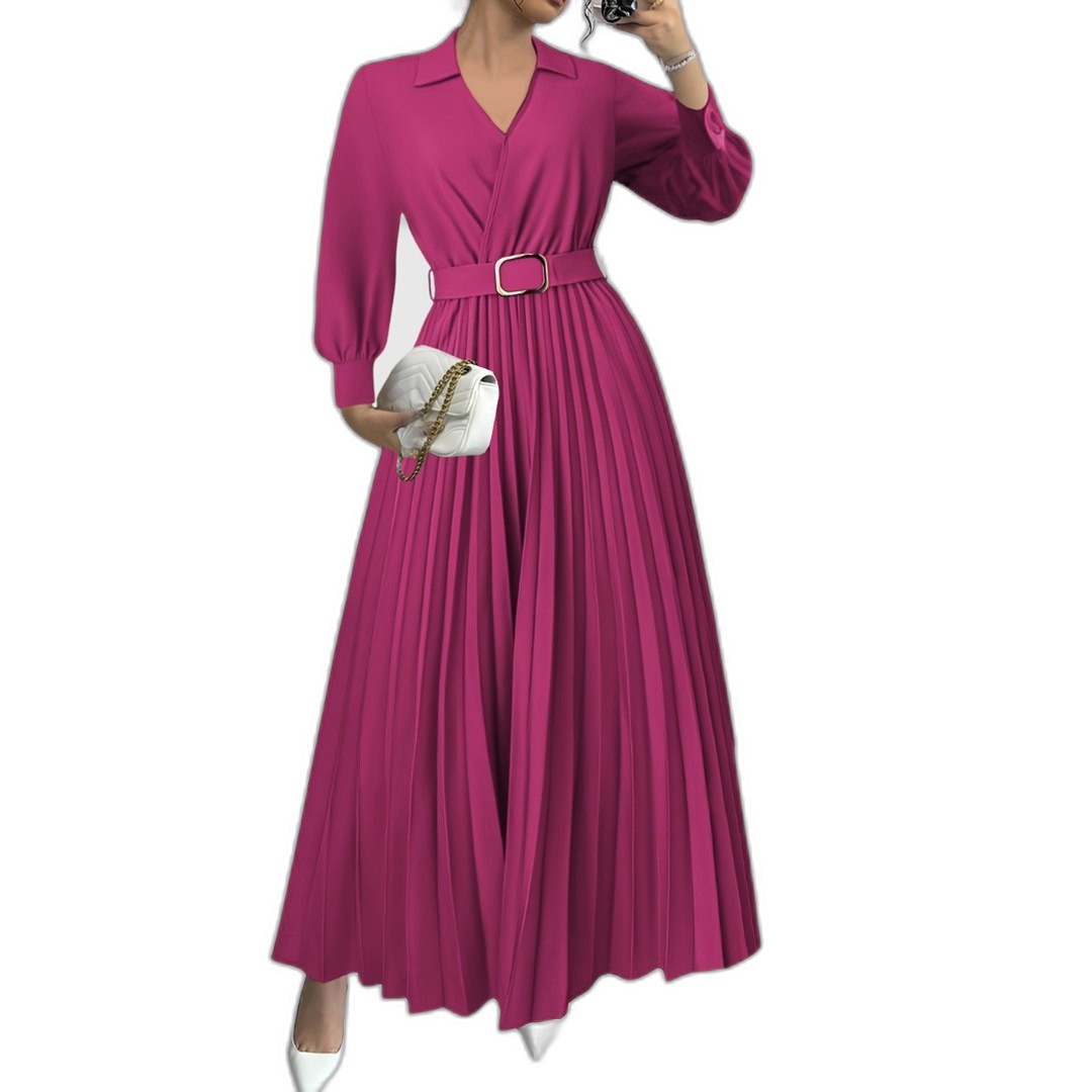 Elegant Black Maxi Dress for Women with V Neck Long Sleeve Pleated Belted Fit And Flare Formal Style