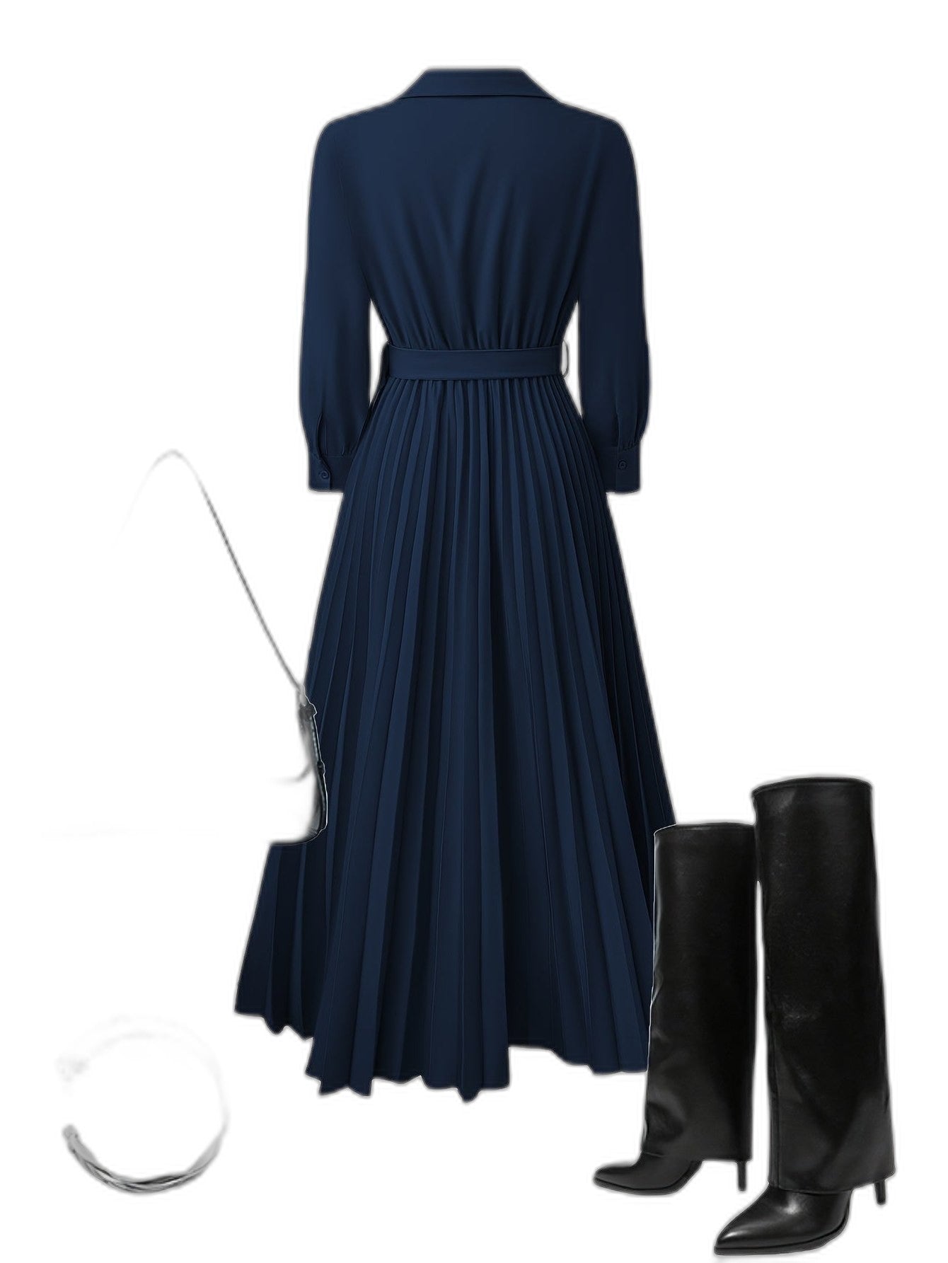 Elegant Black Maxi Dress for Women with V Neck Long Sleeve Pleated Belted Fit And Flare Formal Style