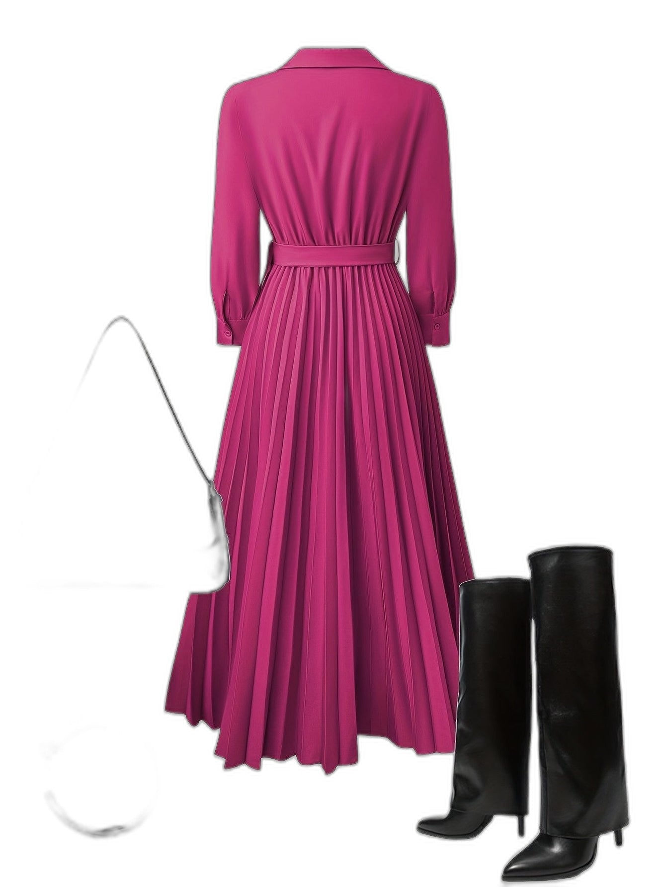 Elegant Black Maxi Dress for Women with V Neck Long Sleeve Pleated Belted Fit And Flare Formal Style