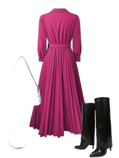 Elegant Black Maxi Dress for Women with V Neck Long Sleeve Pleated Belted Fit And Flare Formal Style