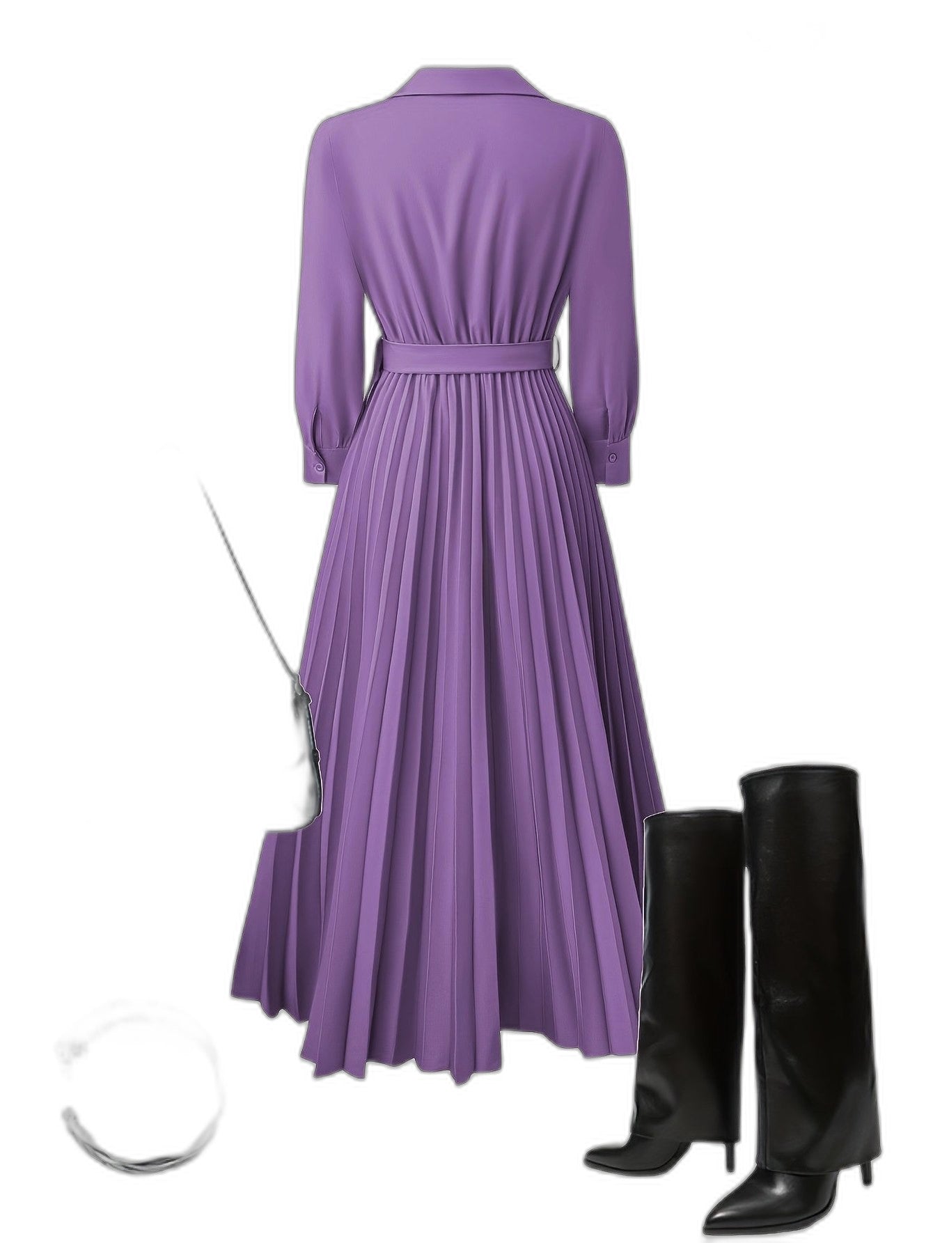 Elegant Black Maxi Dress for Women with V Neck Long Sleeve Pleated Belted Fit And Flare Formal Style