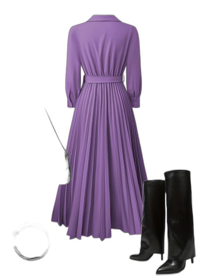 Elegant Black Maxi Dress for Women with V Neck Long Sleeve Pleated Belted Fit And Flare Formal Style