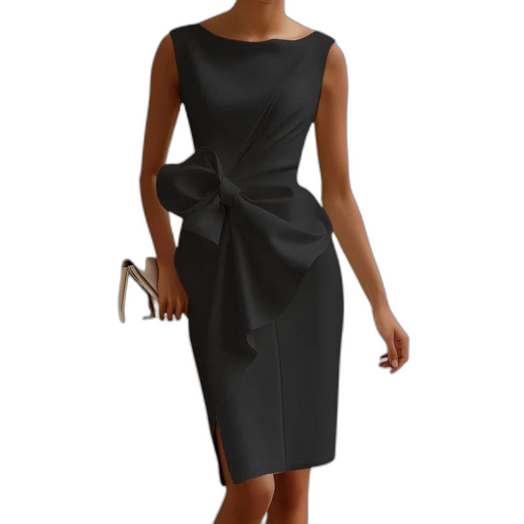 Elegant Black Midi Dress for Women with Boat Neck Sleeveless Bodycon Ruched Cocktail Style