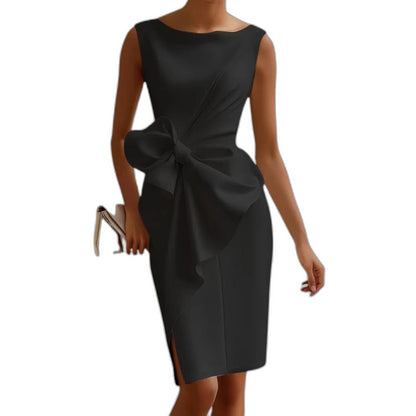 Elegant Black Midi Dress for Women with Boat Neck Sleeveless Bodycon Ruched Cocktail Style
