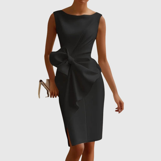 Elegant Black Midi Dress for Women with Boat Neck Sleeveless Bodycon Ruched Cocktail Style
