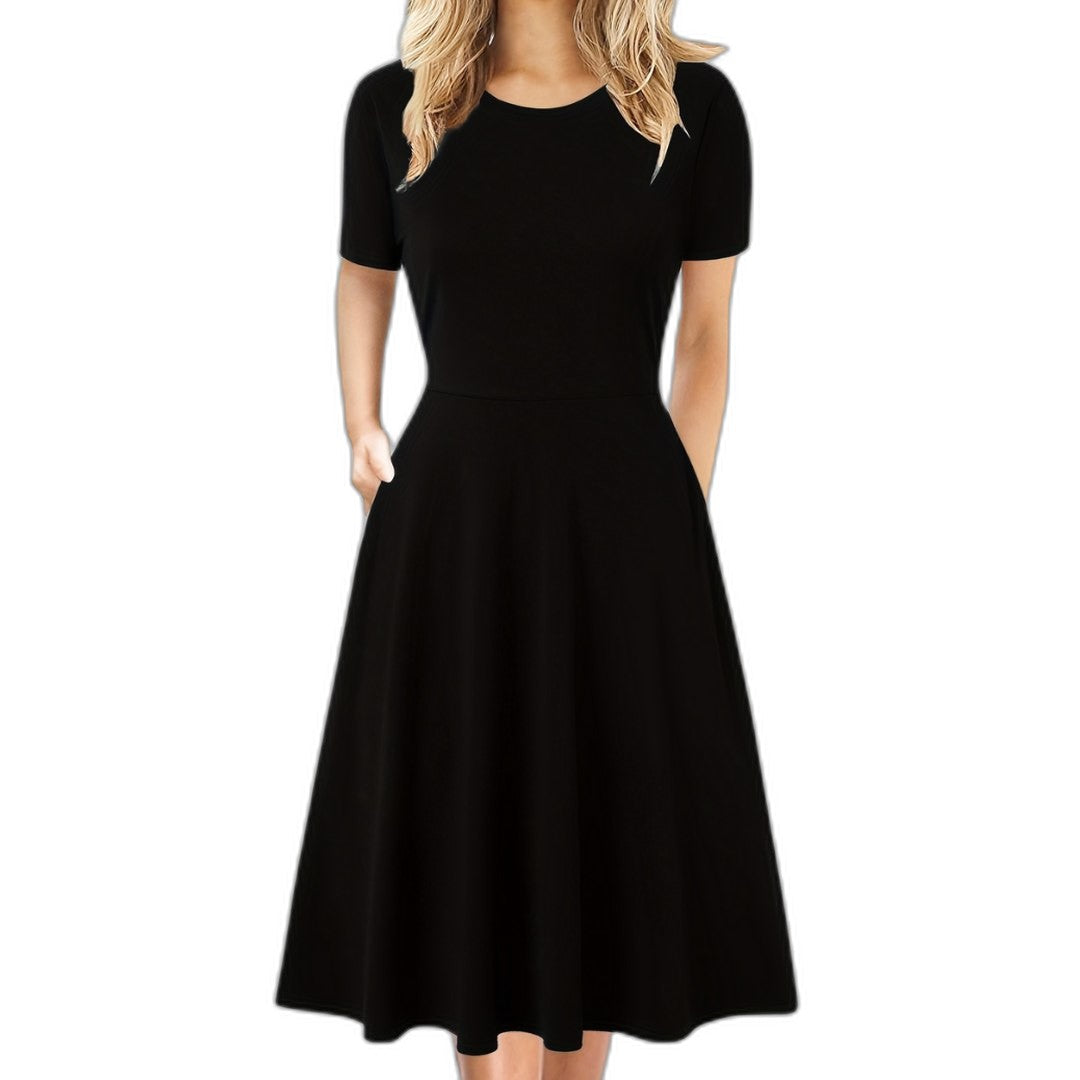 Elegant Black Midi Dress for Women with Crew Neck Short Sleeve A Line Fit And Flare Cocktail Style