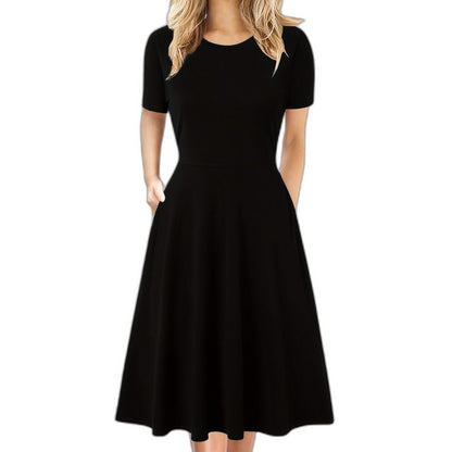 Elegant Black Midi Dress for Women with Crew Neck Short Sleeve A Line Fit And Flare Cocktail Style