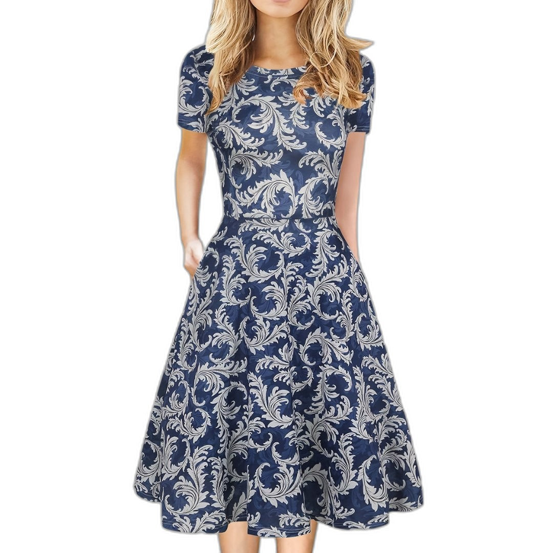 Elegant Black Midi Dress for Women with Crew Neck Short Sleeve A Line Fit And Flare Cocktail Style