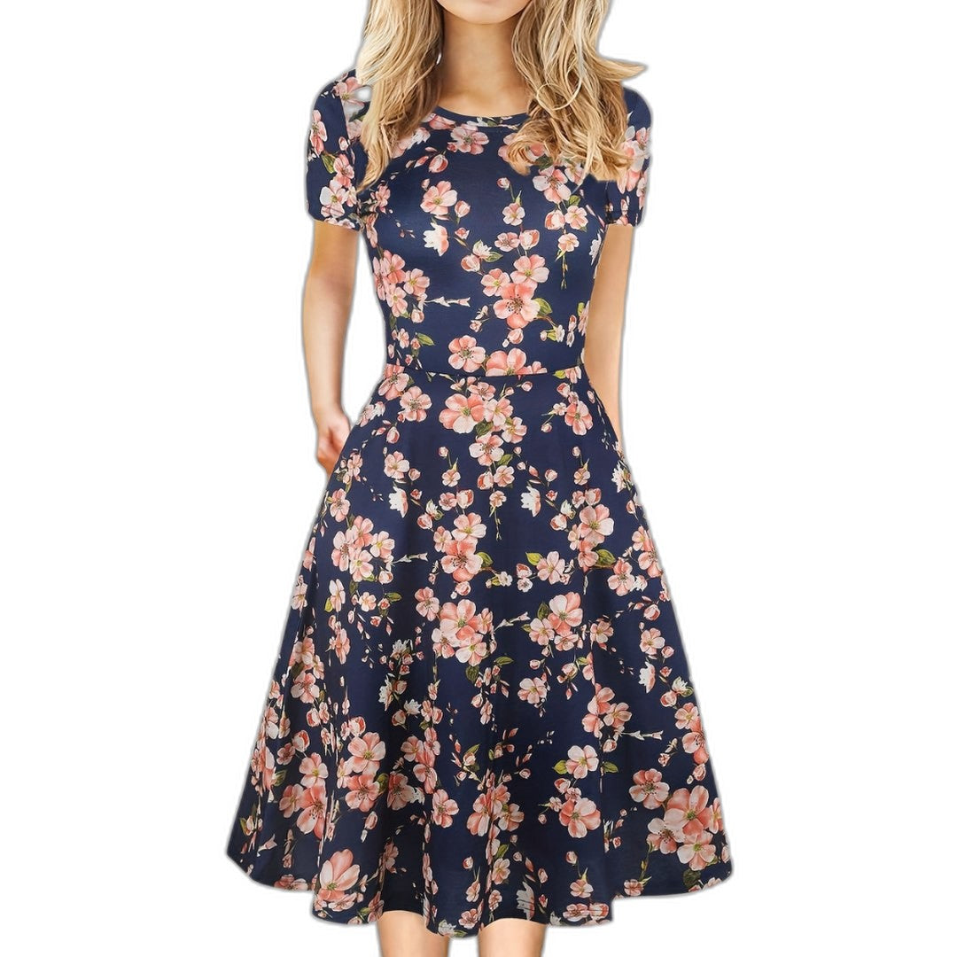 Elegant Black Midi Dress for Women with Crew Neck Short Sleeve A Line Fit And Flare Cocktail Style