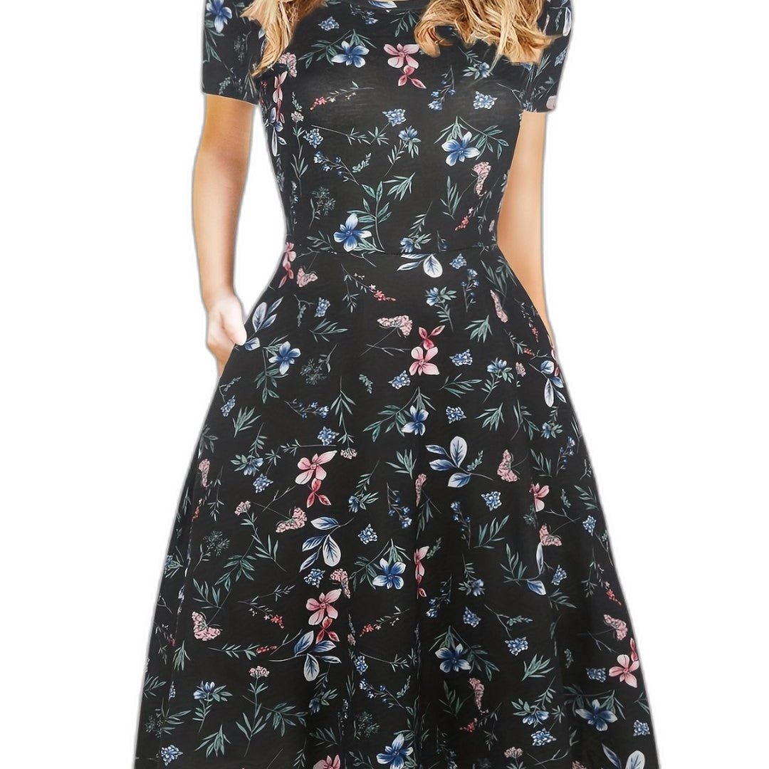 Elegant Black Midi Dress for Women with Crew Neck Short Sleeve A Line Fit And Flare Cocktail Style