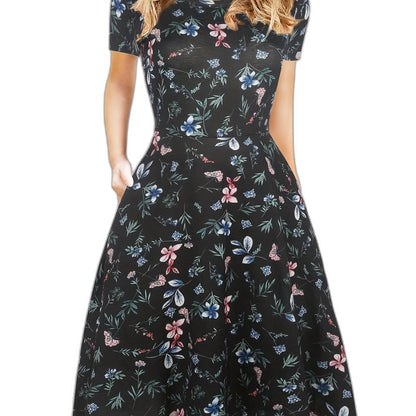 Elegant Black Midi Dress for Women with Crew Neck Short Sleeve A Line Fit And Flare Cocktail Style